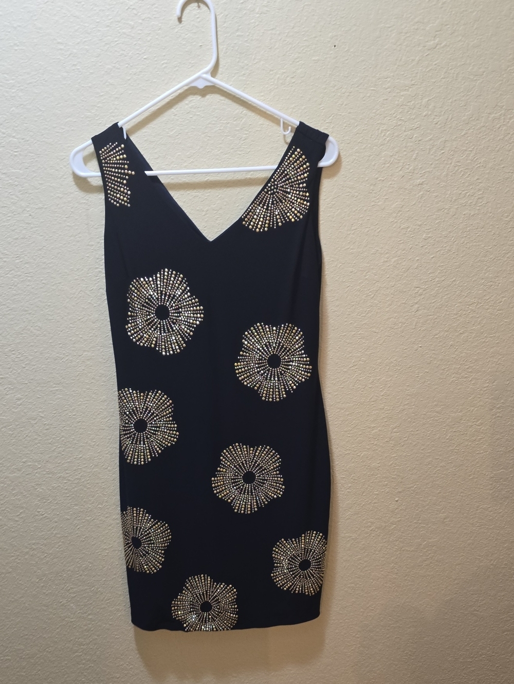 Like New Joseph Ribkoff Black Embellished V-Neck Dress - Gold Stud Detailing